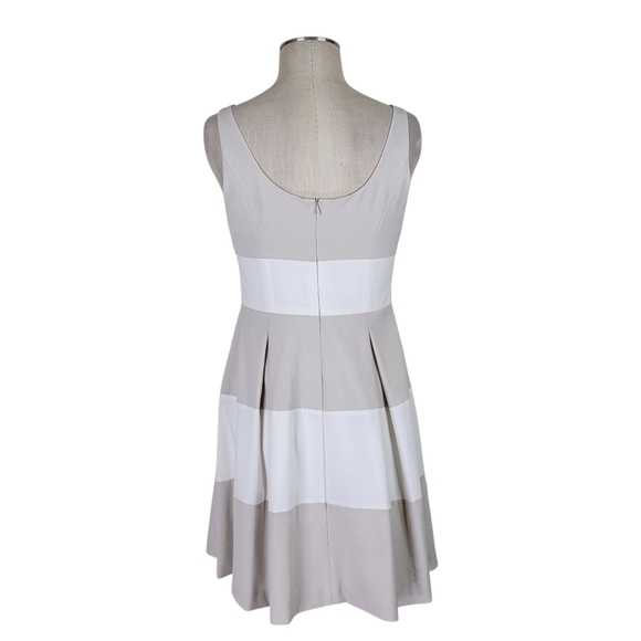 Lauren Ralph Lauren Fit N Flare Dress 6 Taupe Ivory Color Block Pleated Lined - Picture 4 of 9
